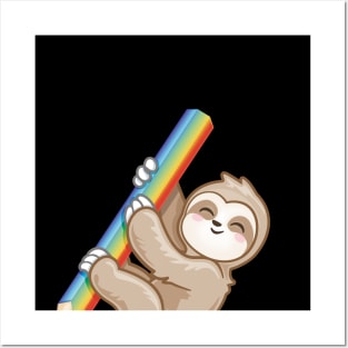 sloth holding rainbow color pencil Posters and Art